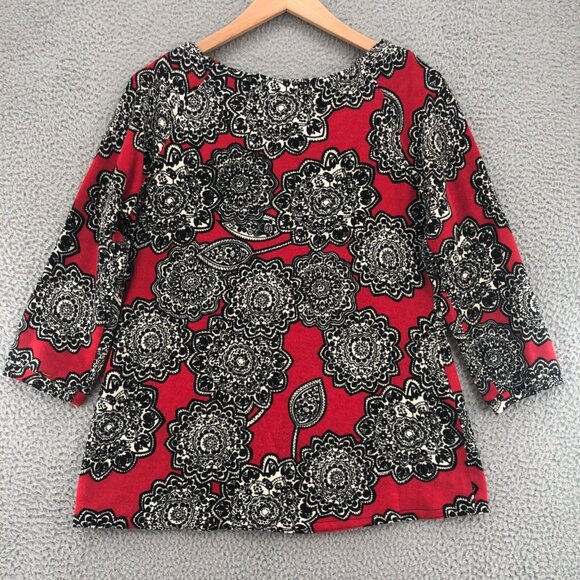 Aryeh Sweater Womens Extra Large Red Floral 3/4 Sleeves Tunic Button Pullover - Picture 3 of 8